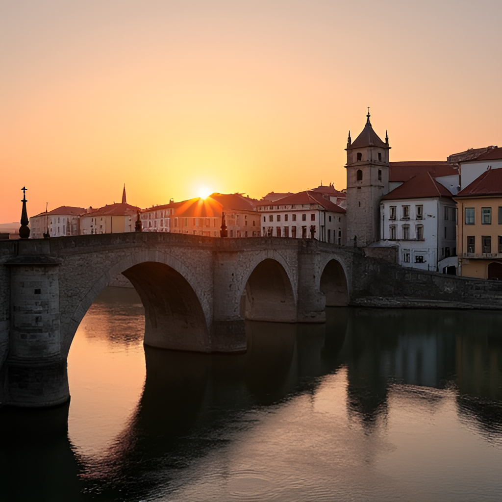 A wide shot of the medieval bridge of Barcelos spanning the Cávado River at sunset, with the historic buildings of the city center, including the Paço dos Condes and Igreja Matriz, visible in the background, perhaps with a silhouette of a pilgrim crossing