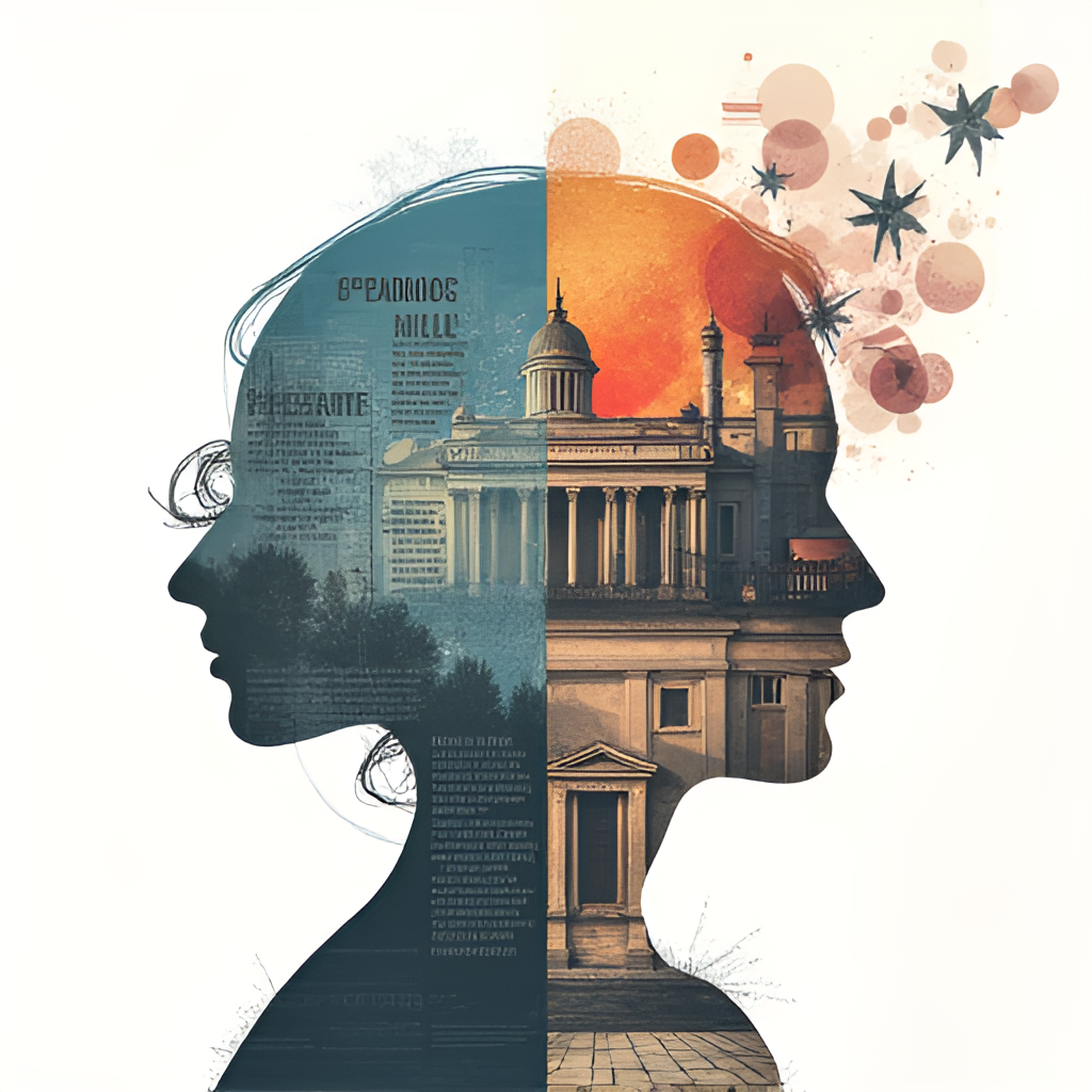 A composite image or illustration representing the different facets of Joana Amaral Dias's career: one side showing elements related to psychology (e.g., a brain silhouette or therapy setting) and the other side showing elements related to politics and media (e.g., a microphone, a parliament building, or news headlines), symbolizing her diverse roles.