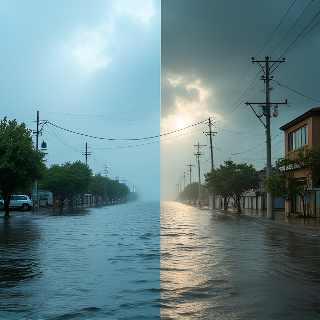 A split image demonstrating the contrast between a calm weather scene and a scene depicting an extreme weather event like a flood or severe storm, highlighting the impact on infrastructure and people.