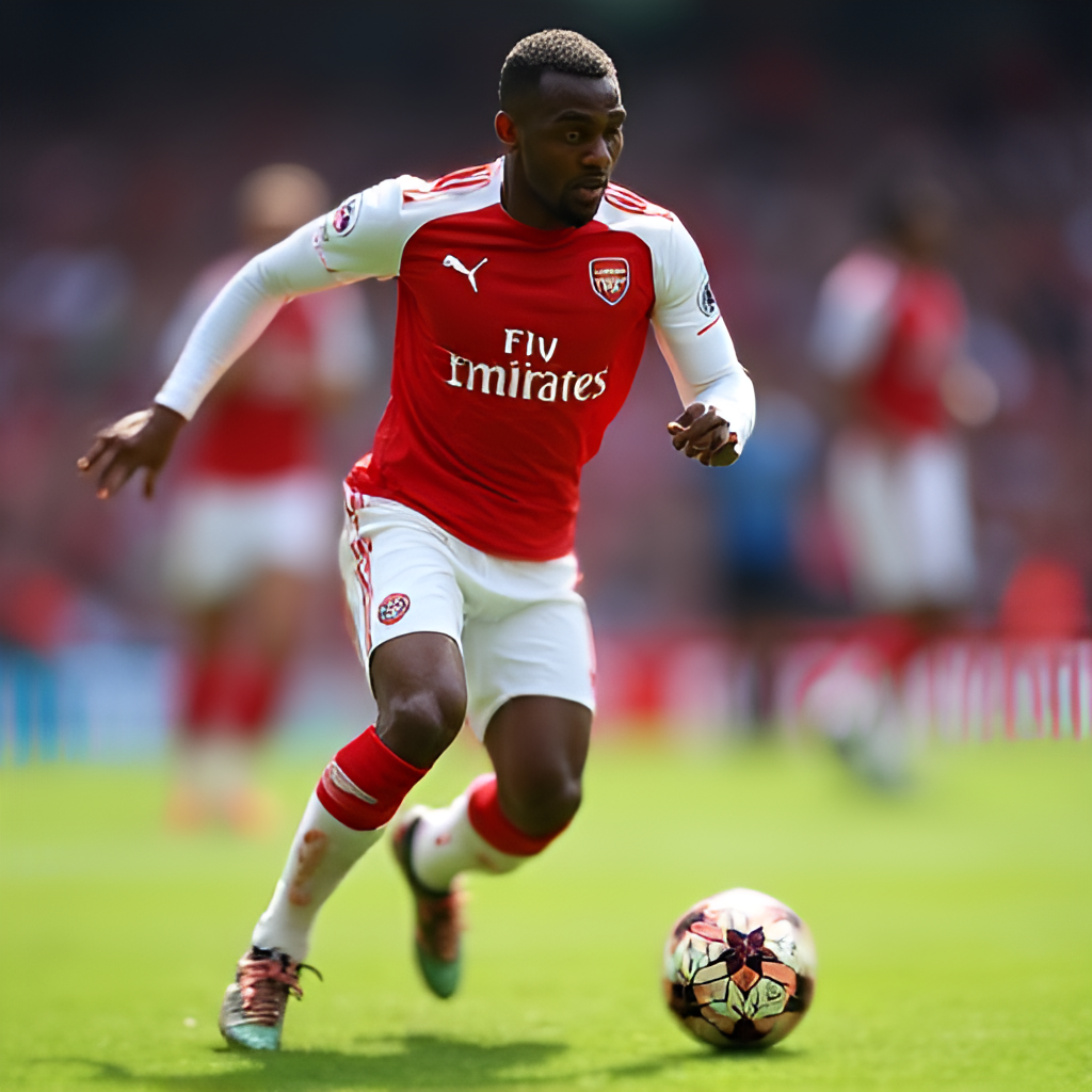 A dynamic action shot of a football player from either Arsenal or Bournemouth dribbling the ball during a match, with motion blur and a focus on the player.
