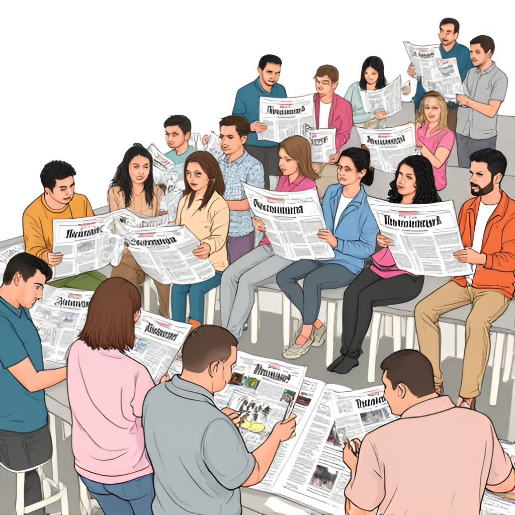 An illustration depicting a diverse group of people in Portugal reading the Correio da Manhã newspaper and browsing its content on digital devices like smartphones and tablets, emphasizing its widespread readership and multi-platform presence.