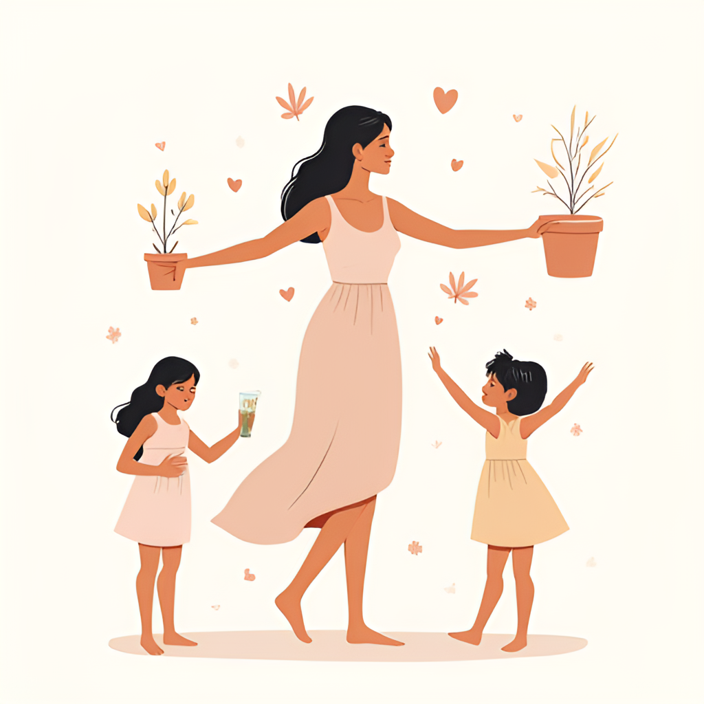 A thoughtful illustration depicting the various facets of motherhood, showing a mother balancing work, childcare, and self-care, with symbolic elements representing strength, love, and resilience, in a modern, clean vector art style.