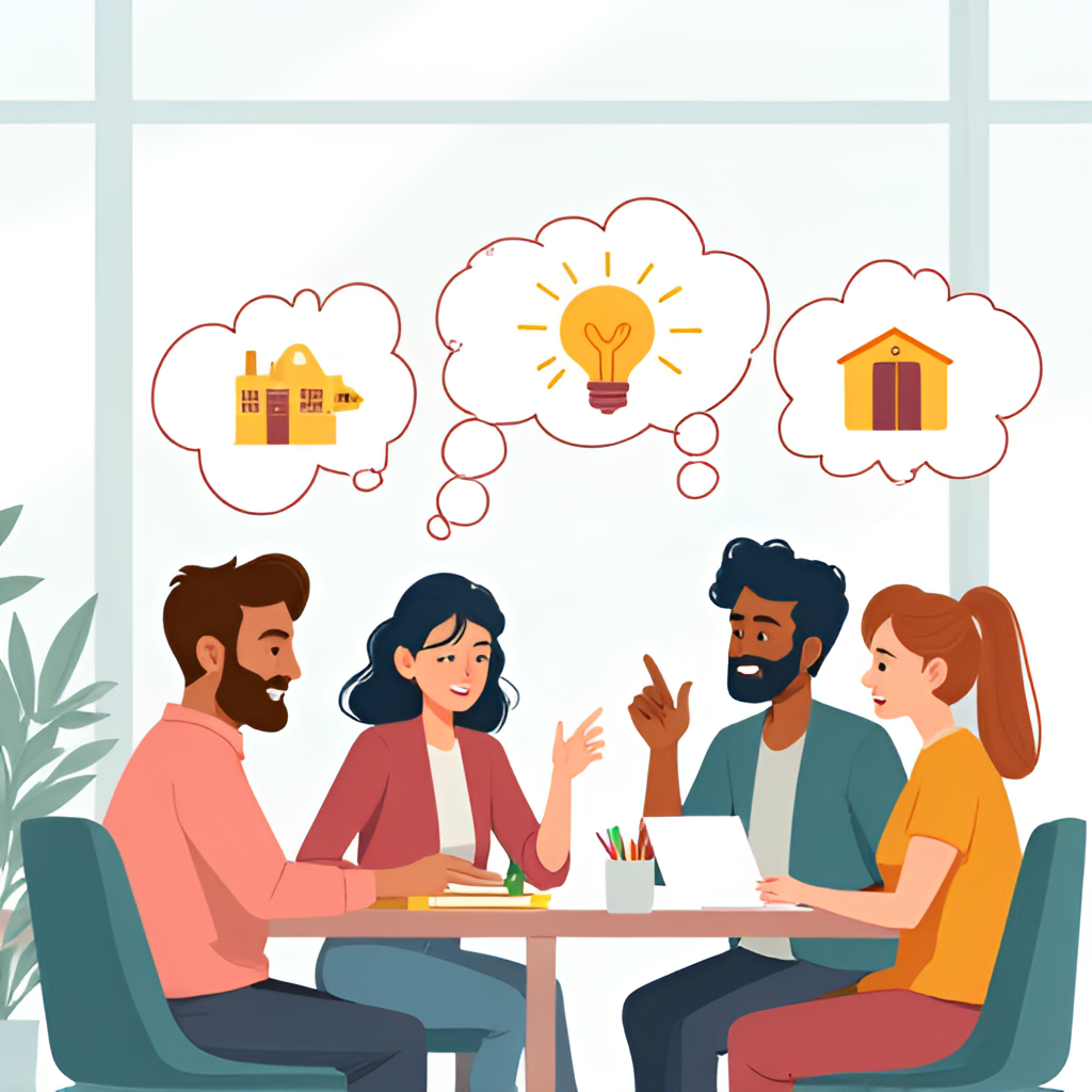 An illustration showing diverse people working together collaboratively, with thought bubbles indicating communication, idea sharing, and mutual support, set in a bright, modern office environment.