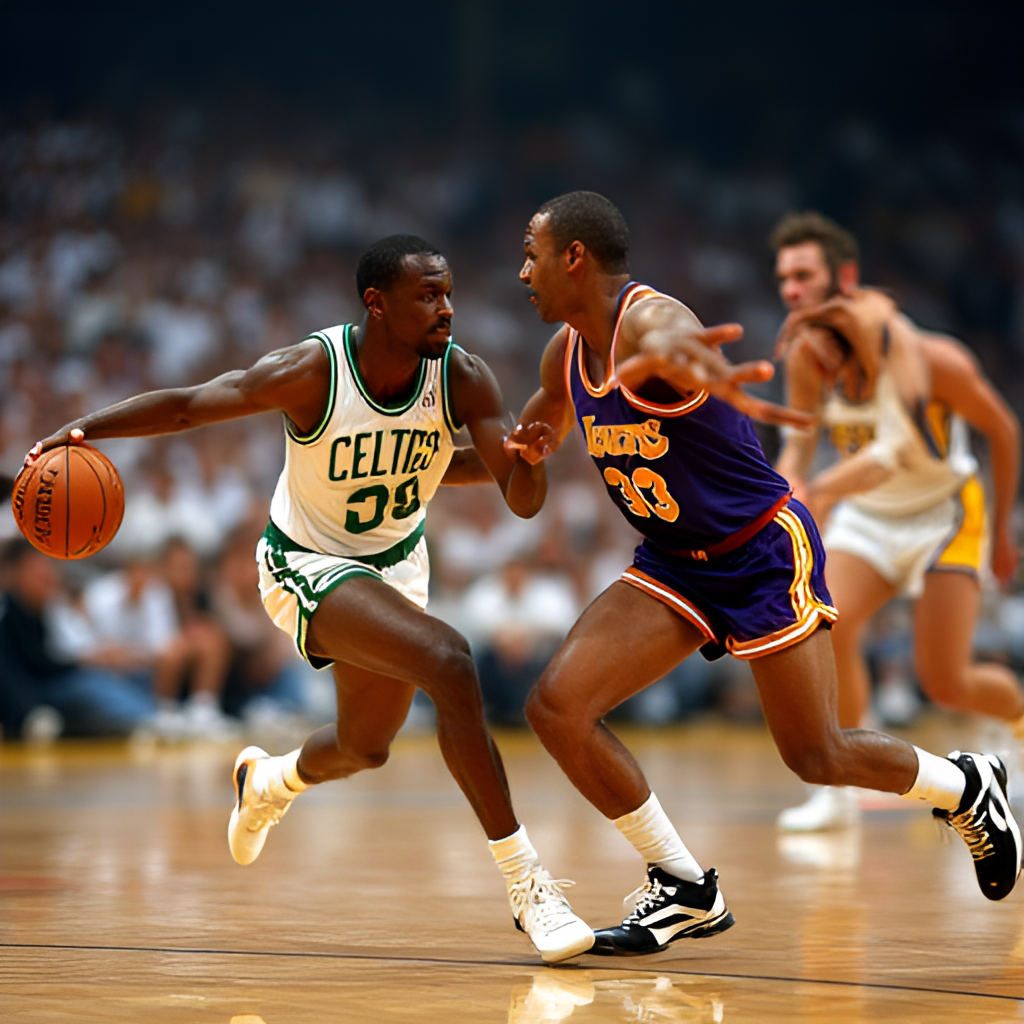 A vibrant photograph capturing the intense rivalry between the Boston Celtics and the Los Angeles Lakers, showing players from both teams in action during a heated game, with the crowd blurred in the background.