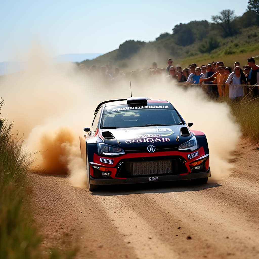 A wide-angle shot capturing a WRC rally car kicking up dust on a loose gravel stage in the Portuguese countryside, with enthusiastic spectators visible in the background.