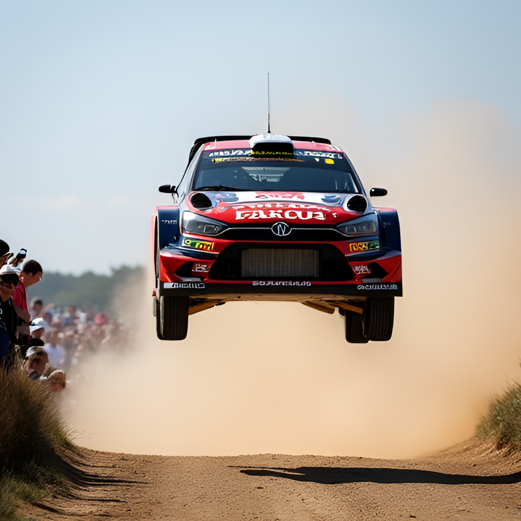 A dynamic low-angle shot of a rally car mid-air during the famous Fafe jump in Portugal, with a large crowd of spectators visible below and surrounding the jump.