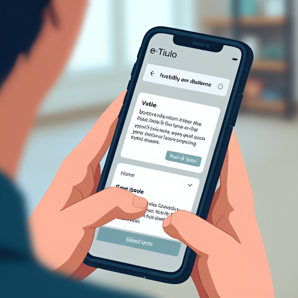 An illustration showing a person using a smartphone with the e-Título app open, with a digital representation of justifying an absence from voting. The background should be subtle, suggesting a remote location or home.