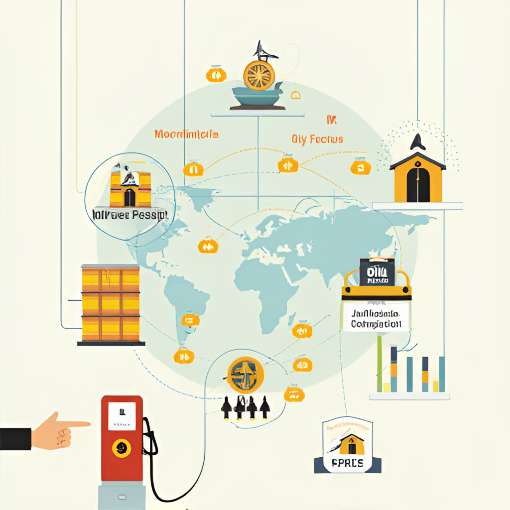 Illustration showing global factors affecting fuel prices: oil barrels, graphs, geopolitical symbols, a hand pointing at a gas pump.