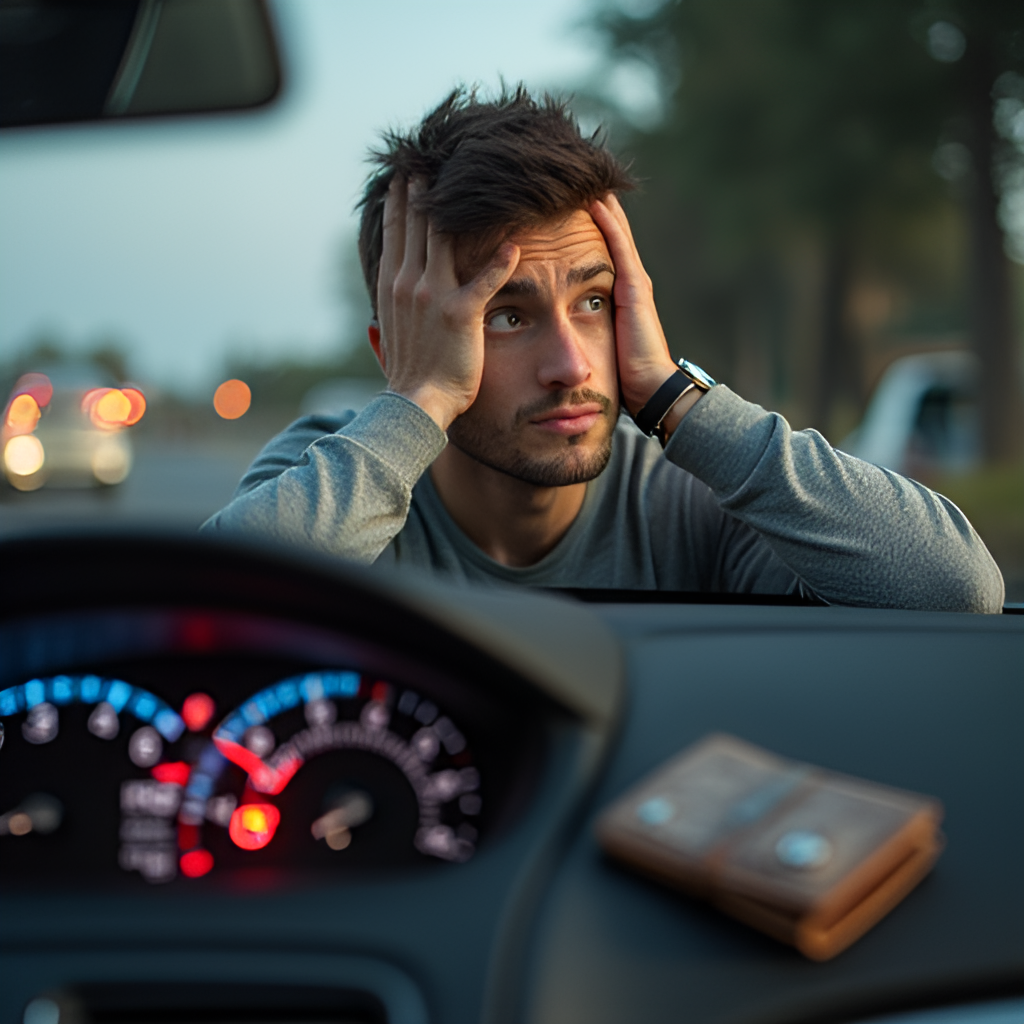 Person looking stressed at a car dashboard with high fuel gauge next to a wallet, thinking about ways to save money.