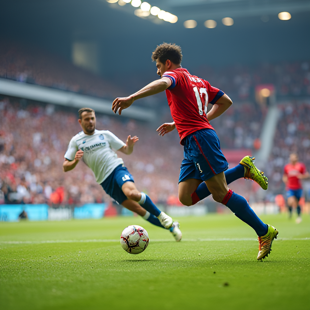 A close-up, dynamic shot capturing the moment a player scores a goal in a football match, with the ball hitting the net and the player celebrating, set against a slightly blurred background of cheering fans in a stadium.