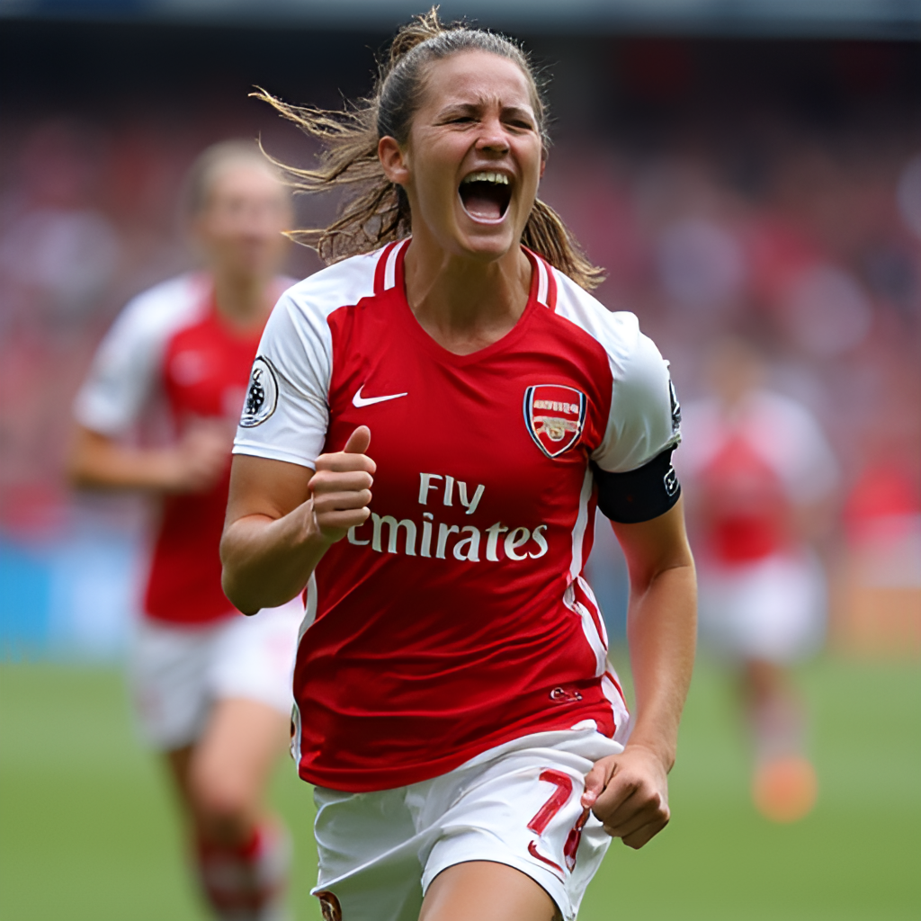 A dynamic close-up shot of a prominent female football player, like Aitana Bonmatí or an Arsenal star, celebrating a goal or making a key play during a UEFA Women's Champions League match, with a focus on determination and skill.