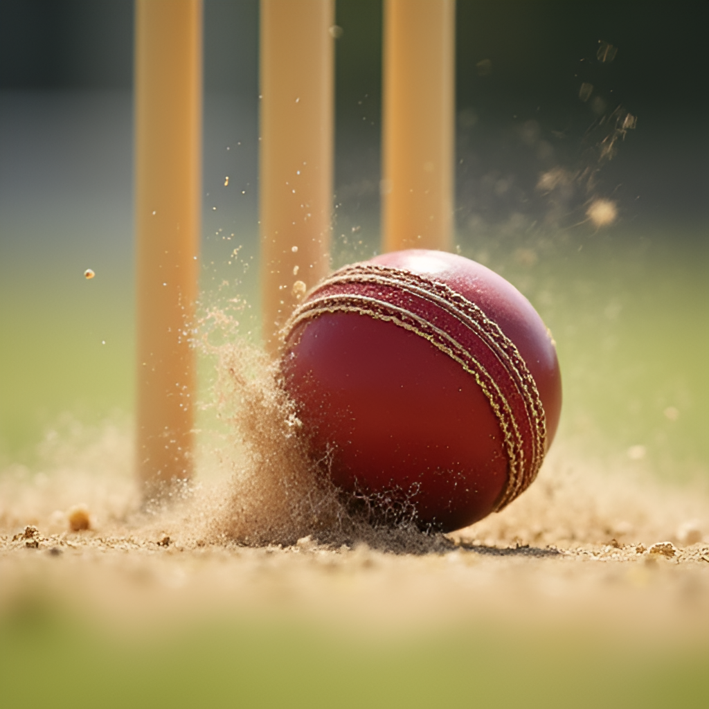 Close-up shot of a cricket ball hitting the wicket with bails flying off, symbolizing a wicket taken during an England vs Zimbabwe match, dramatic action moment