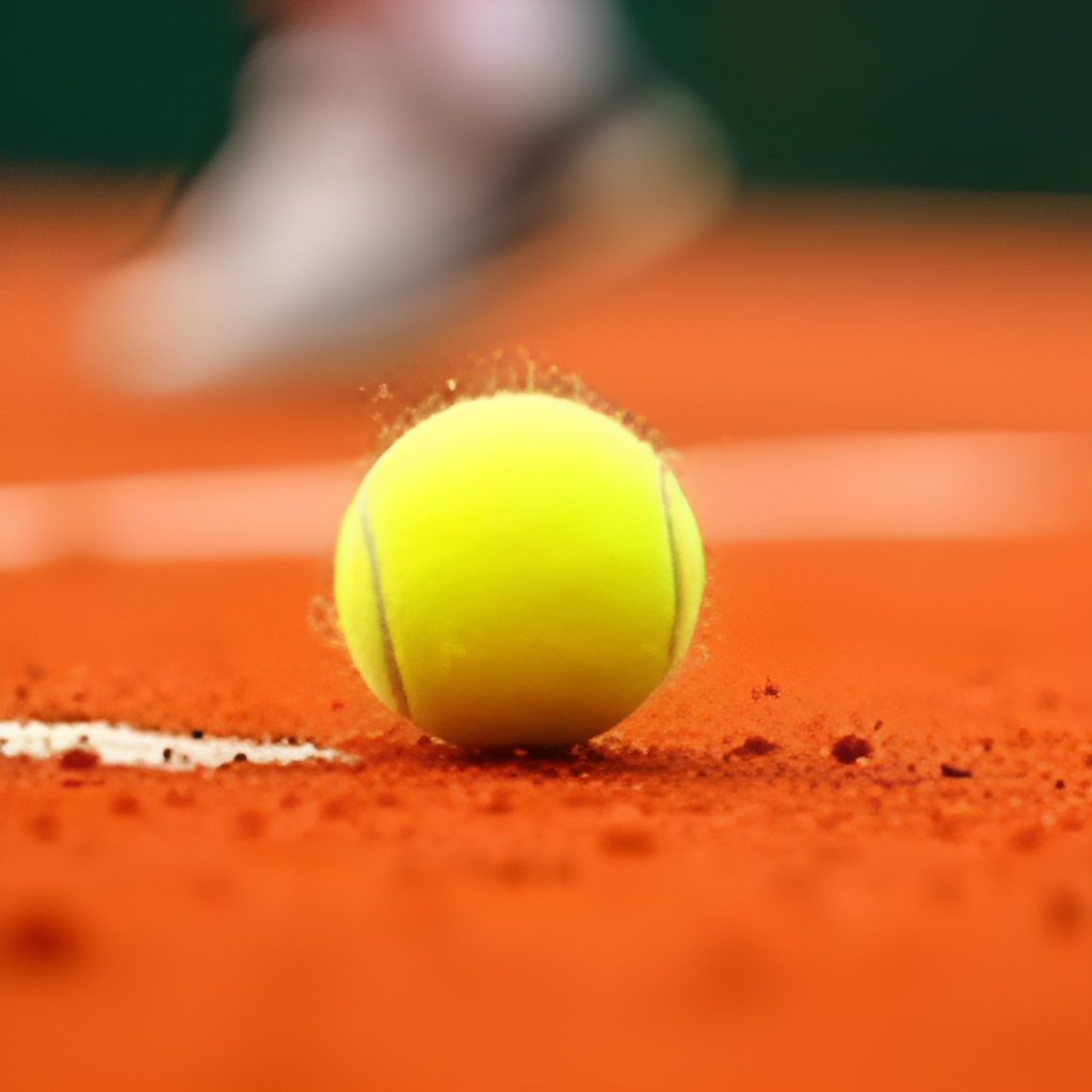 A close-up shot of a tennis ball hitting the red clay court at Roland Garros, showing the distinctive mark left by the ball and a player's shoe sliding on the surface in the background.