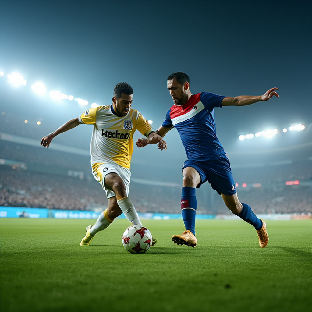 A dynamic, action-packed wide shot of a football match between Al Fateh and Al Nassr in a packed stadium in Saudi Arabia. Show players in their respective kits competing for the ball under floodlights.