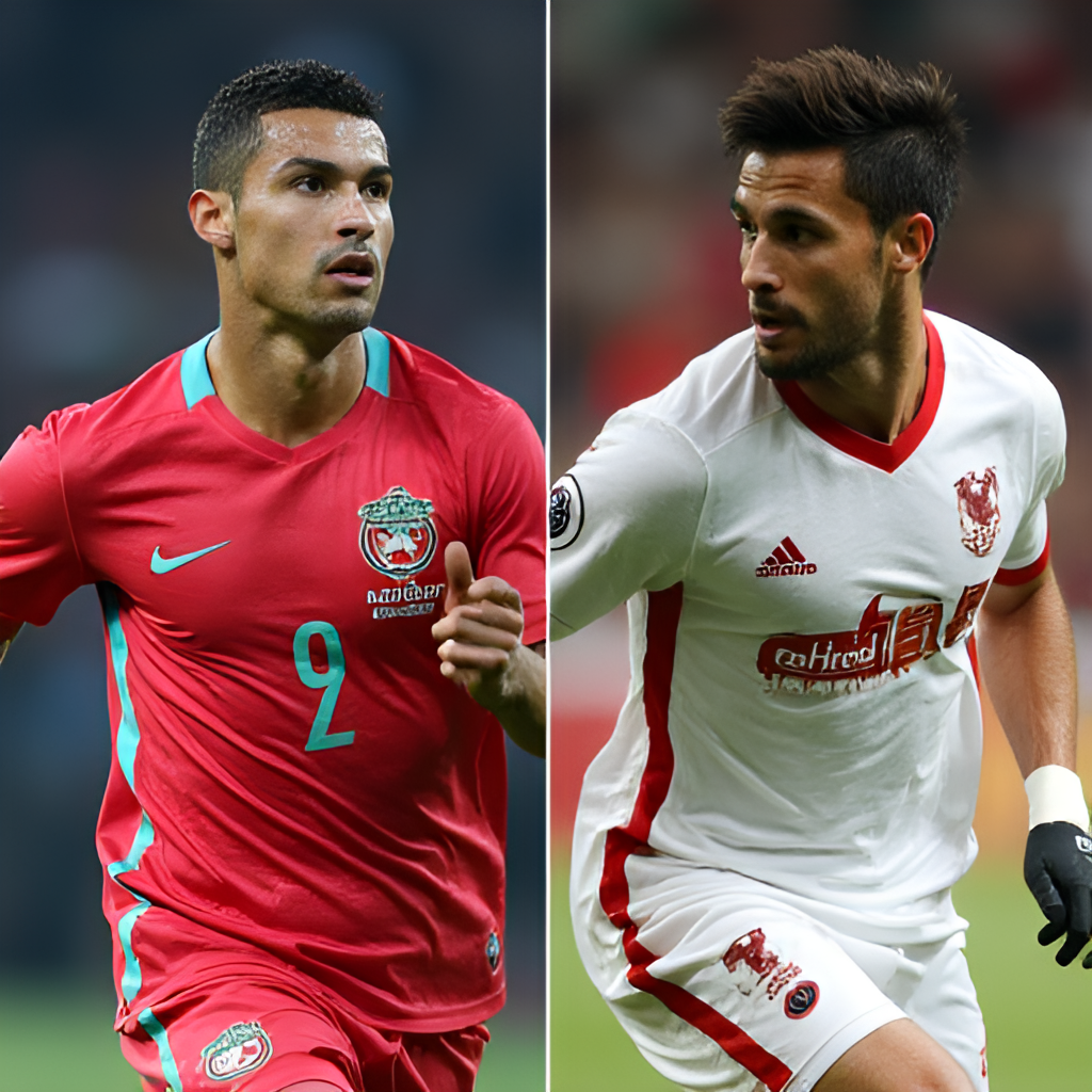 A split image or composite showing key players from both teams. On one side, Al Nassr stars like Cristiano Ronaldo or Sadio Mané in action. On the other side, Al Fateh's key players like Mourad Batna or Matías Vargas with determined expressions. Focus on their faces and action poses.