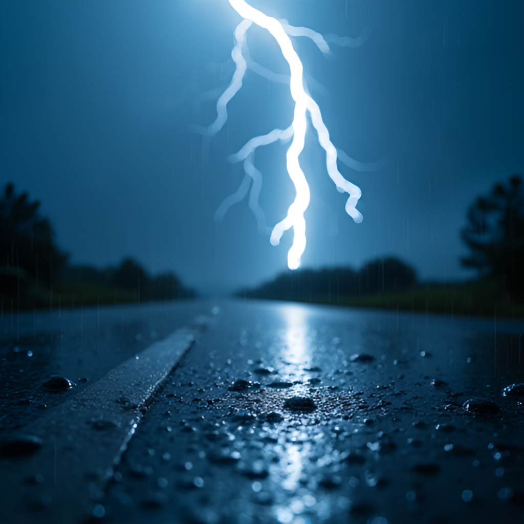 A close-up artistic photo of raindrops hitting a surface during a heavy rain associated with a thunderstorm, with blurred lightning in the background