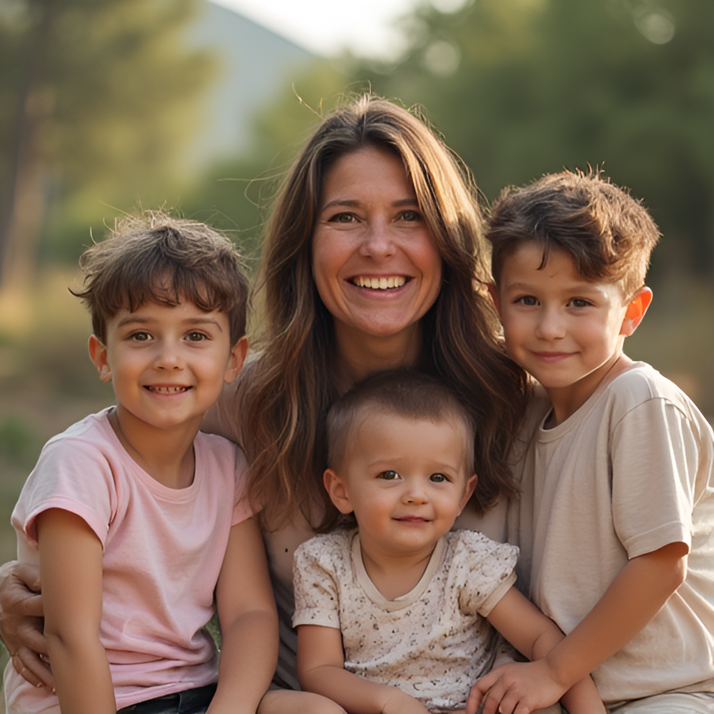 A warm and candid photograph of Núria Madruga interacting with her four sons in a relaxed, outdoor family setting, emphasizing her role as a mother.