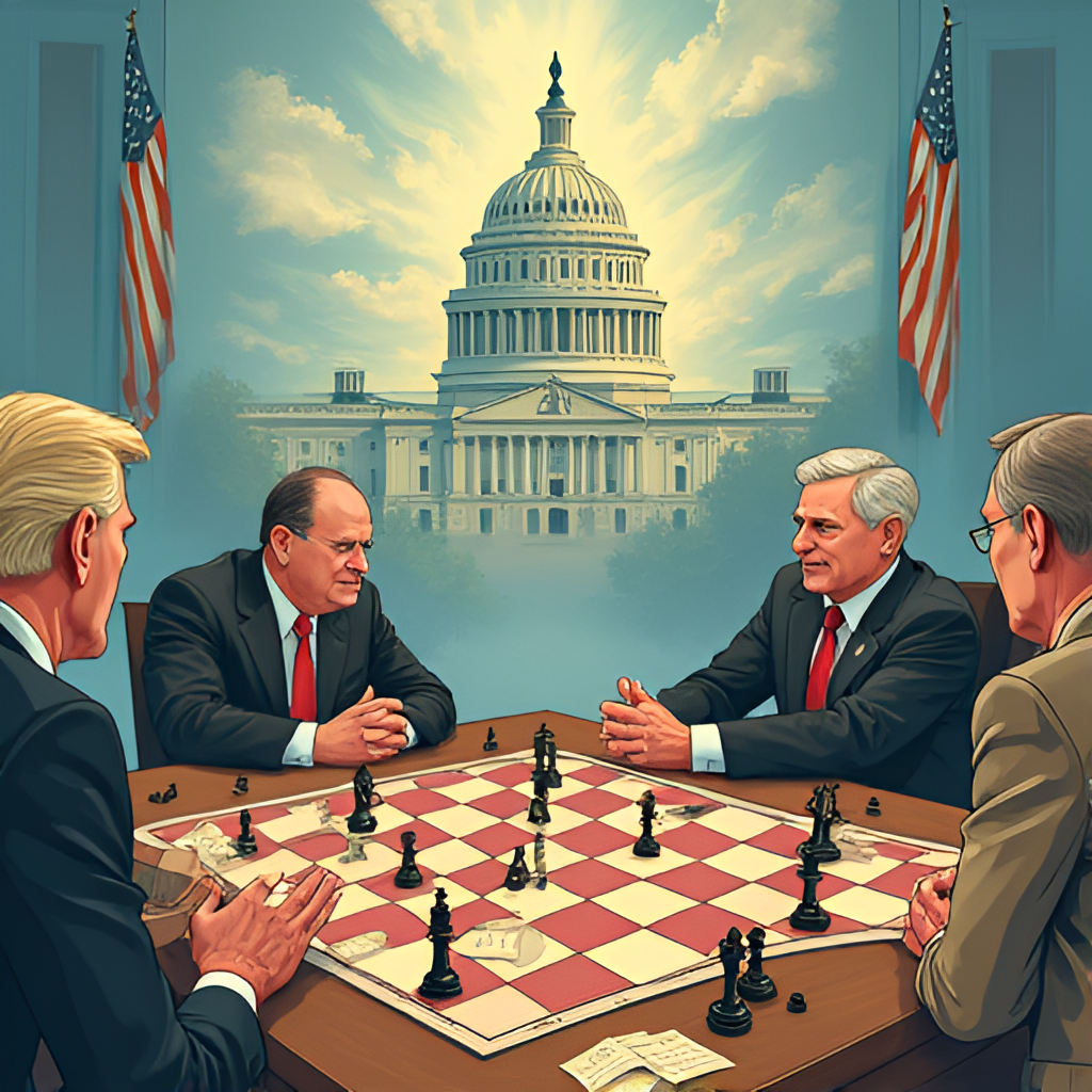 Illustrative image combining elements of politics and bridge: perhaps a stylized image of a chessboard or bridge table with political figures or symbols incorporated, representing strategic thinking in both fields.