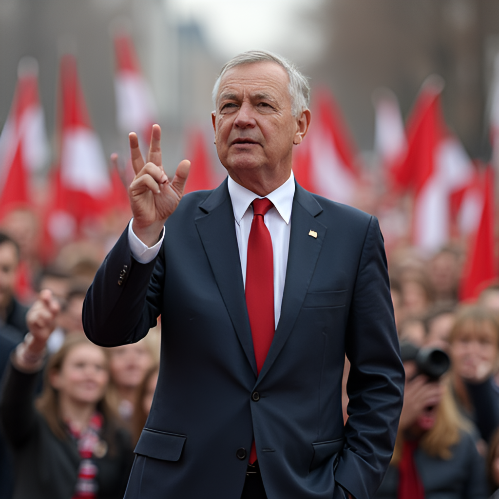 A composite image depicting Karol Nawrocki during a presidential campaign rally, with a crowd of supporters cheering behind him, symbolizing his political ascent and connection with voters.