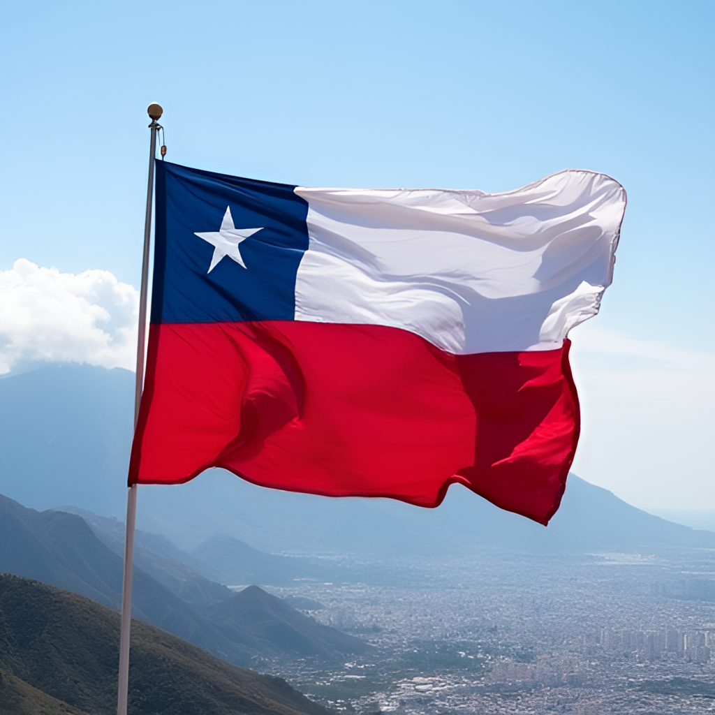 A photo depicting the Chilean flag waving strongly against a backdrop showing both the Andes mountains and a coastal city skyline, symbolizing the nation's resilience in a geologically active region.