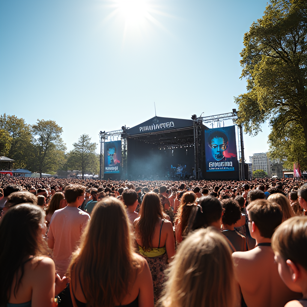 A wide shot photo capturing the vibrant atmosphere of Primavera Sound Porto in Parque da Cidade, showing a diverse crowd enjoying a concert on a large outdoor stage, with trees and sky in the background, sunny day.