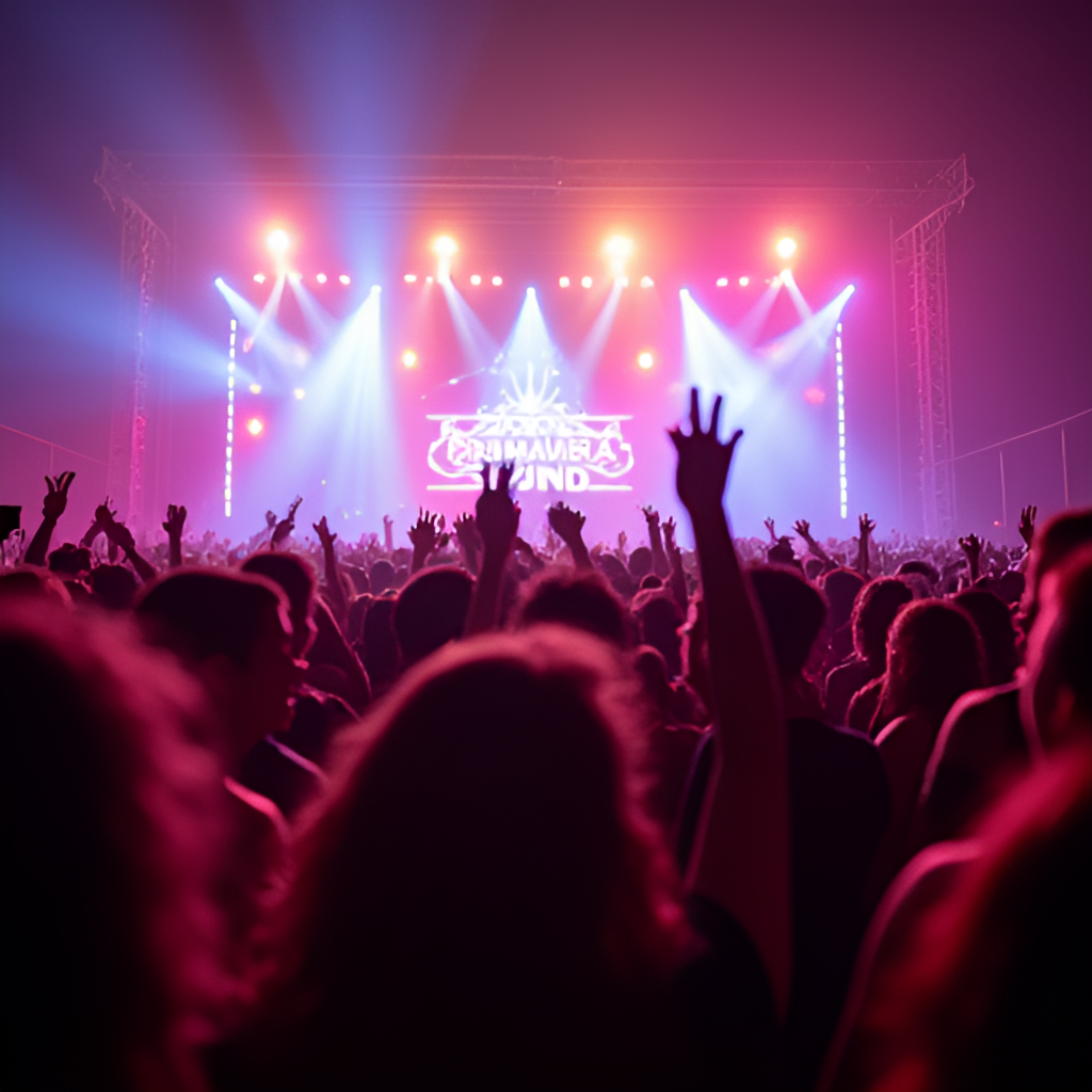 A dynamic close-up photo of festival-goers dancing enthusiastically in front of a stage at Primavera Sound Porto, bathed in colorful stage lights, conveying energy and joy.