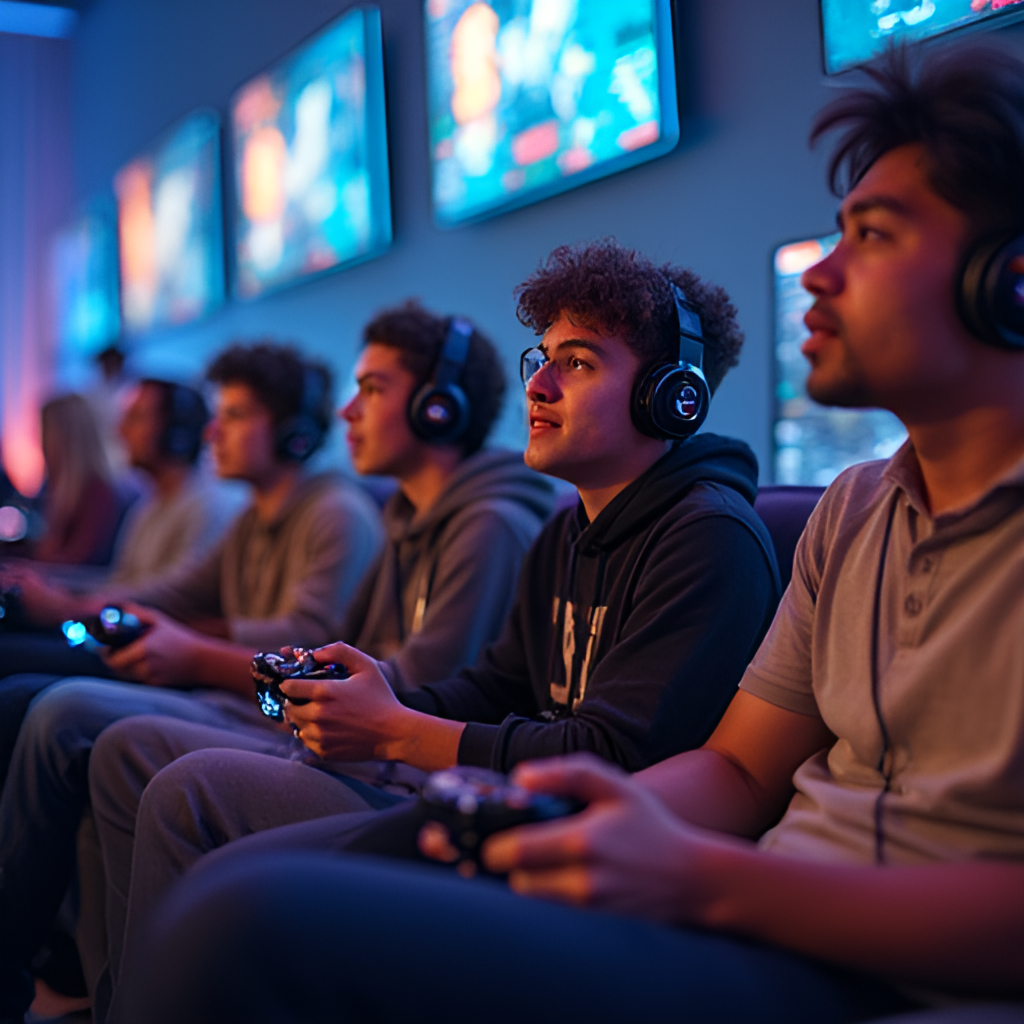 Dynamic image showcasing a diverse group of gamers playing together online on hypothetical PS6 consoles, with vibrant in-game graphics partially visible on screens in the background, conveying connection and shared experience.
