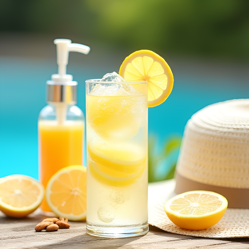 A close-up shot of refreshing summer elements: a glass of ice-cold water with lemon slices next to a bottle of sunscreen and a wide-brimmed hat. The background could subtly hint at a sunny outdoor setting like a pool or garden, emphasizing health and protection.