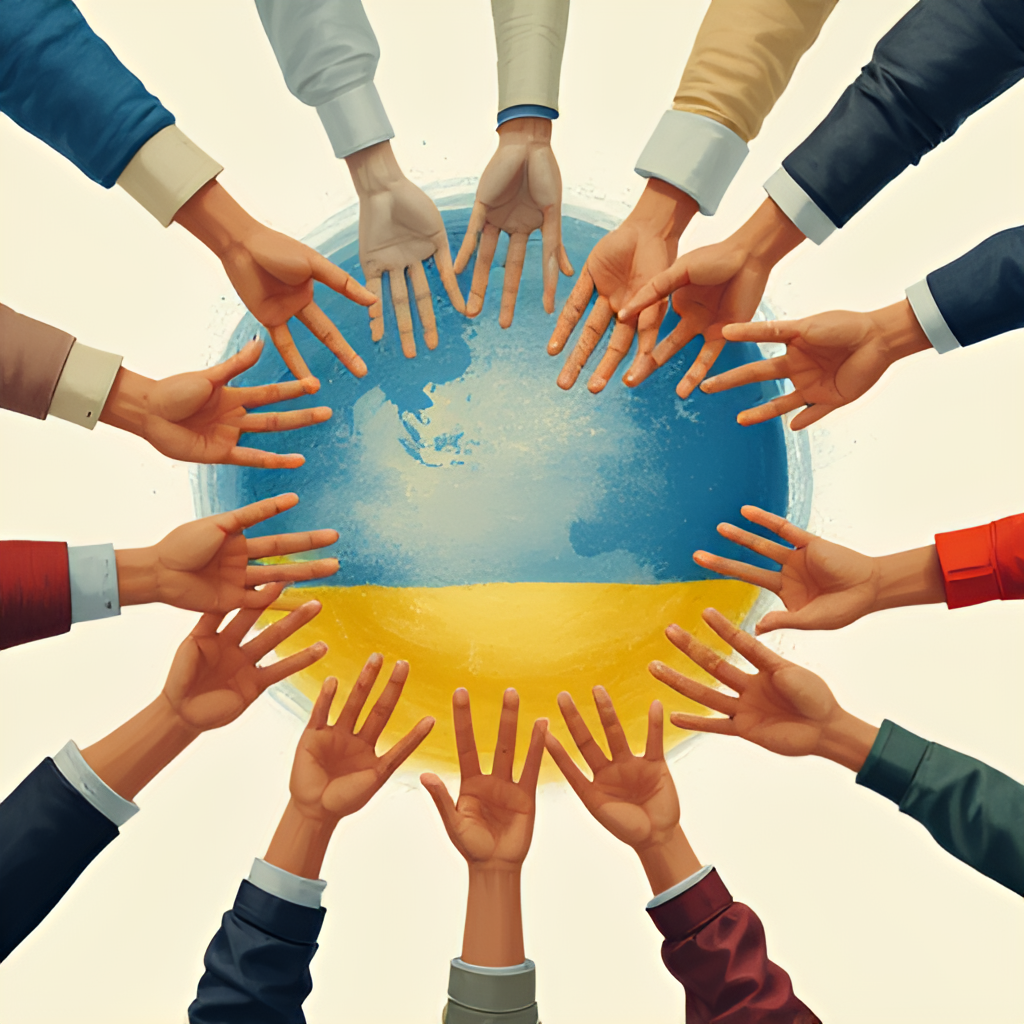 A symbolic image representing the international response to the Ukraine conflict, showing hands of different nations coming together to offer aid, possibly with flags or map elements in the background, in a hopeful yet realistic style.