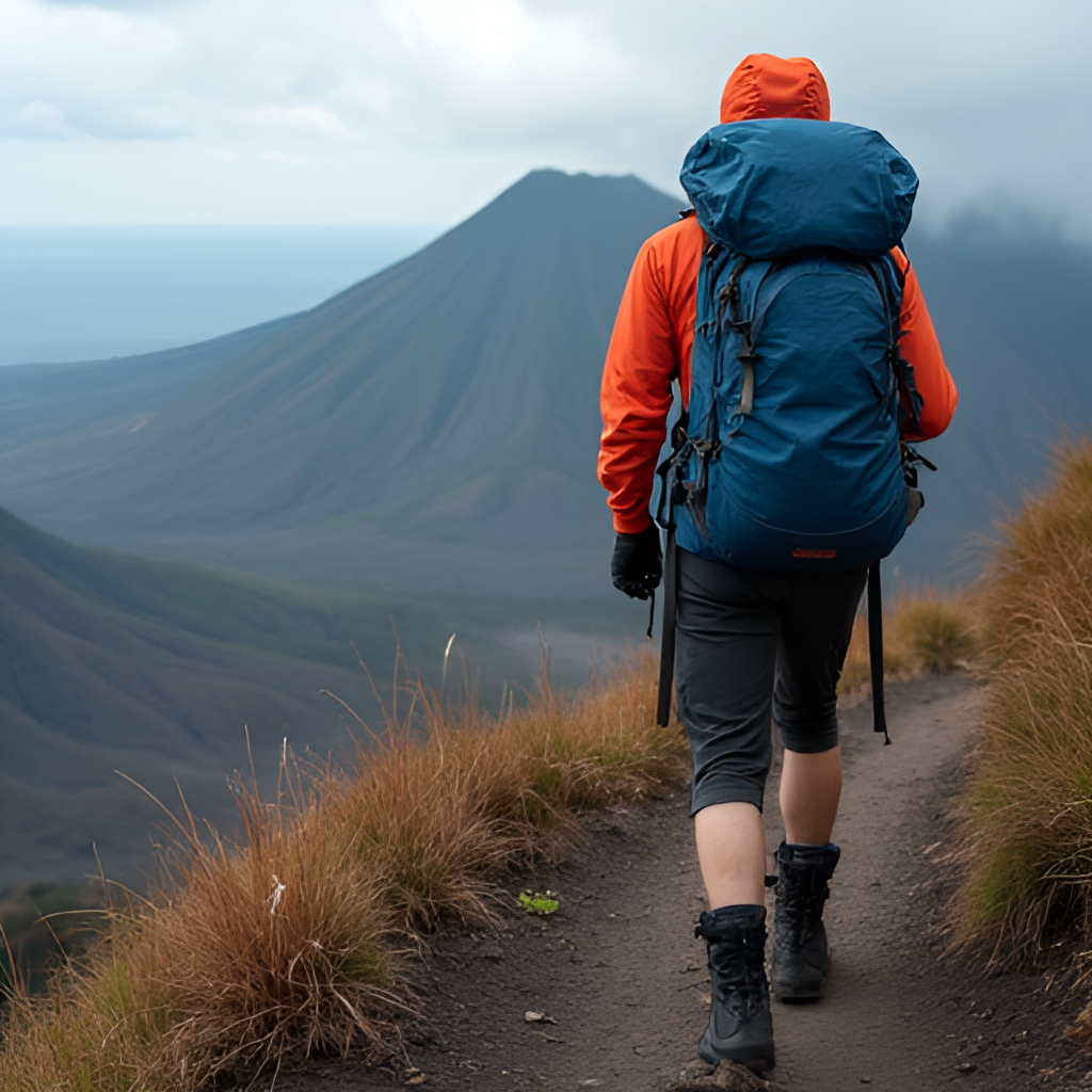 A close-up image showing a hiker on a volcanic trail in Indonesia, wearing appropriate gear (boots, backpack), with a vast, somewhat challenging volcanic landscape in the background, emphasizing the scale and the need for preparation.