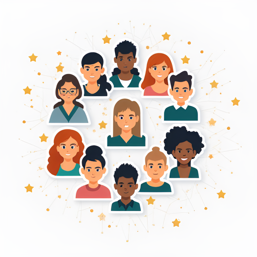 A diverse group of people represented by stylized icons, arranged in segments or clusters, illustrating the concept of audience segmentation. The background could be a subtle network pattern.