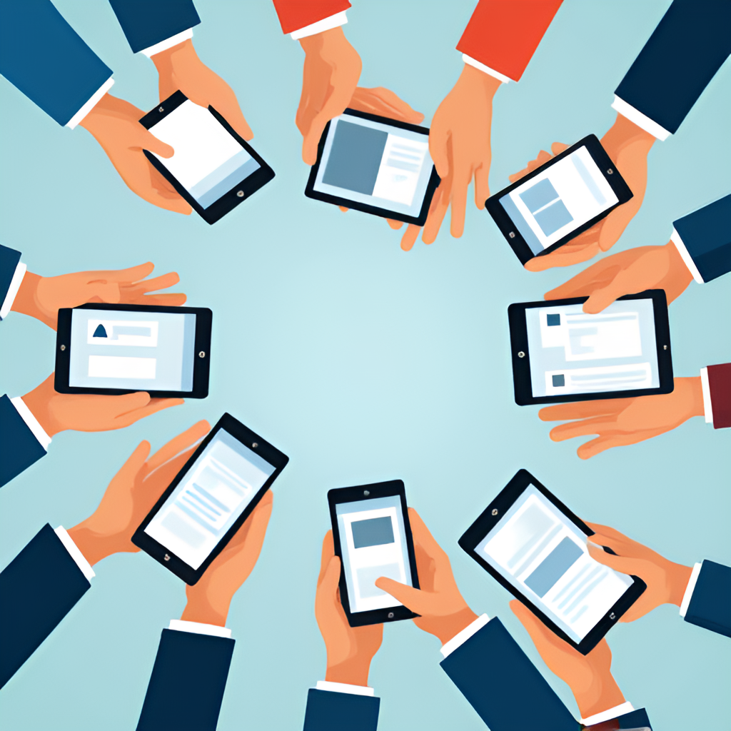 Hands from different people interacting with digital devices (smartphone, tablet, laptop) showing various forms of engagement like liking, commenting, and sharing content. The style is modern and dynamic.