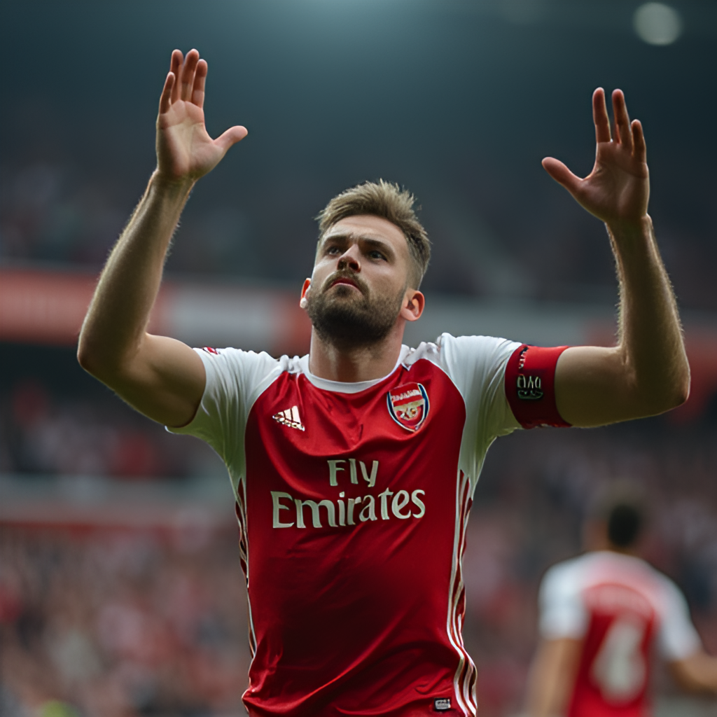 A close-up, dramatic shot of Viktor Gyökeres in an Arsenal jersey, celebrating a goal with his arms raised, capturing his intense focus and the energy of the crowd in the background.