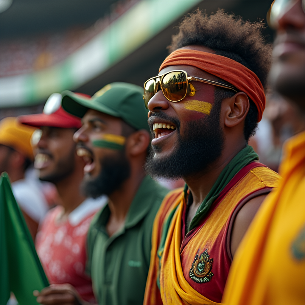 A close-up, expressive shot of passionate cricket fans from both Pakistan and West Indies, showcasing their diverse clothing, painted faces, and enthusiastic reactions (cheering, holding flags, or showing anticipation) in a stadium setting, emphasizing the cultural impact of the rivalry.