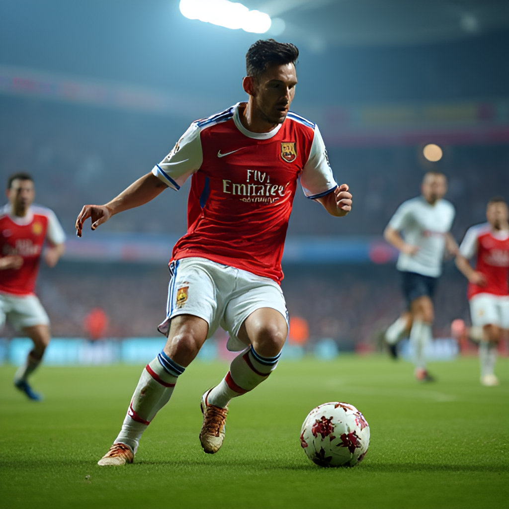 A close-up, action-packed shot of a soccer player, reminiscent of Lionel Messi, dribbling the ball amidst defenders during a Leagues Cup match, with blurred stadium lights in the background emphasizing speed and focus. The player is wearing a generic kit, not specific club colors.
