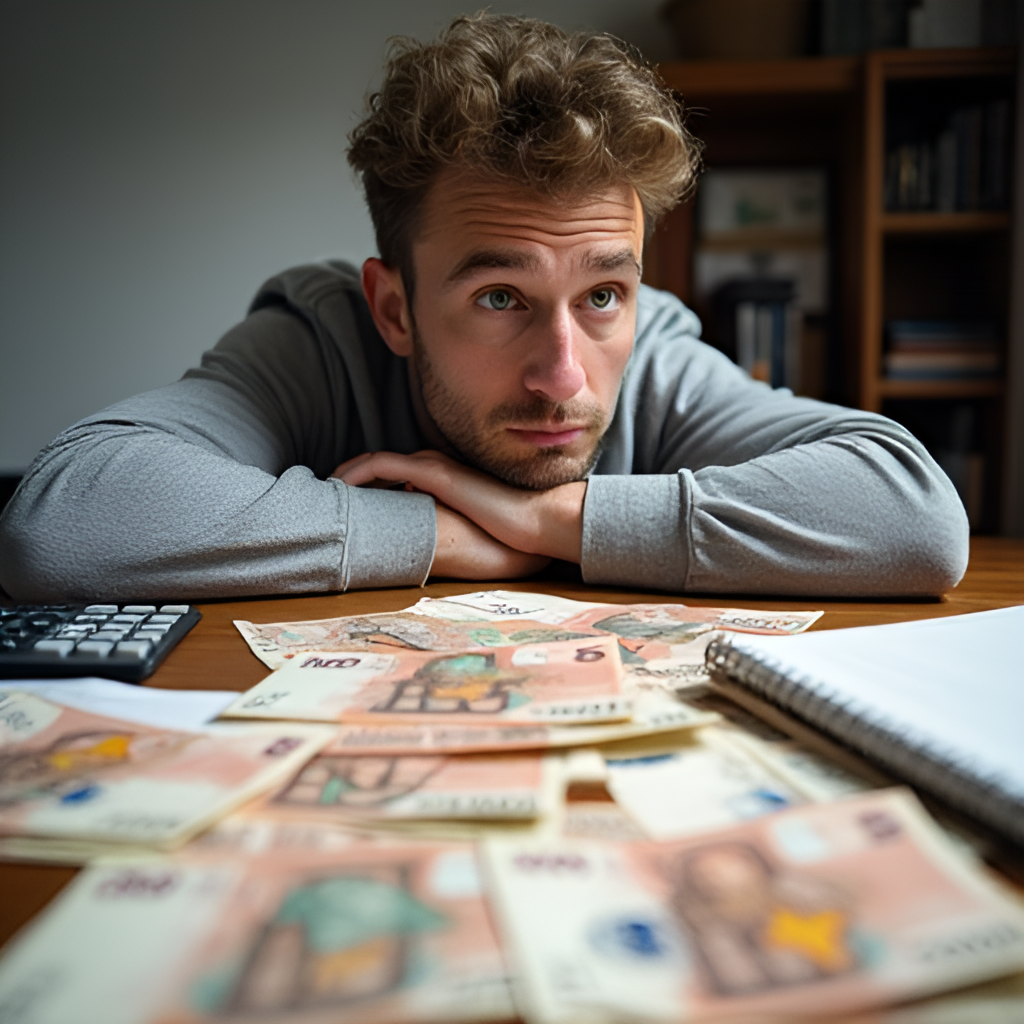 A photorealistic image showing a person looking thoughtfully at a large sum of money (euro banknotes) spread across a table, with a calculator and a financial planning book nearby, emphasizing the responsibility of a lottery win.